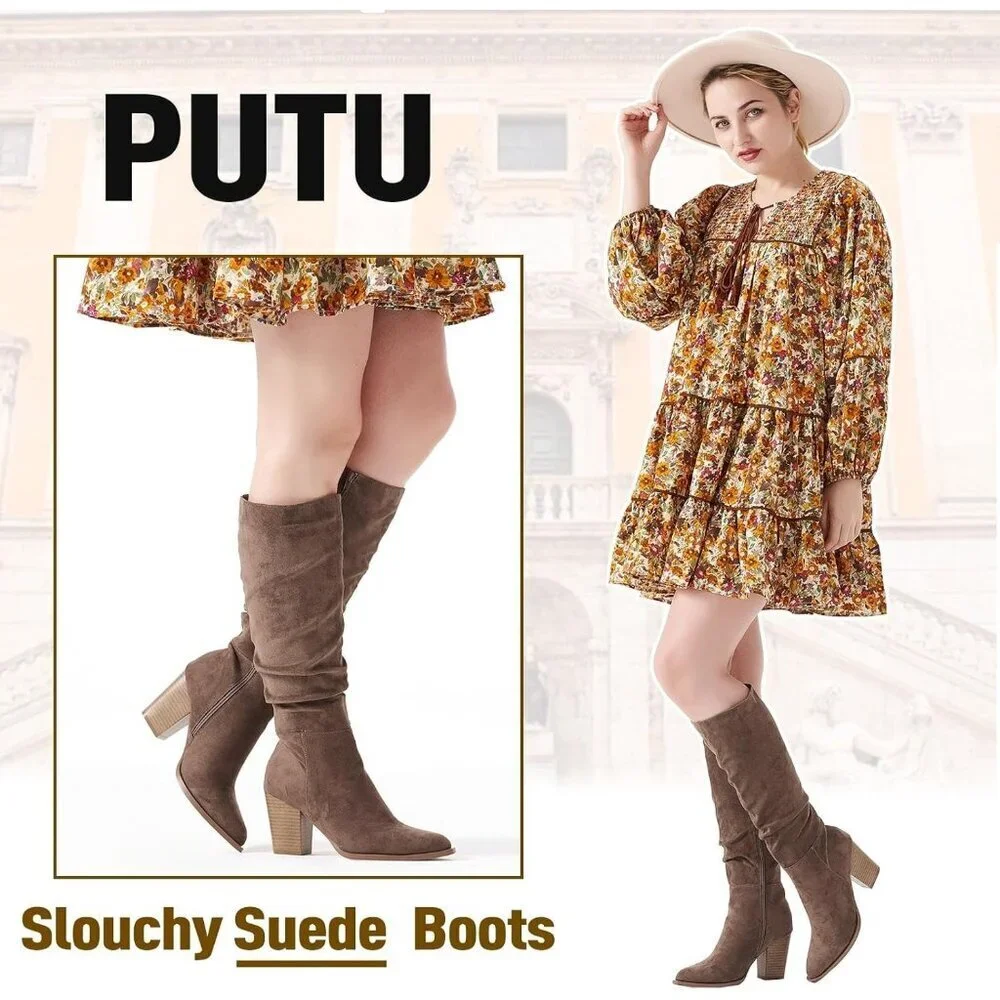 Women's Khaki Pointed Toe Faux Suede Slouch Chunky Heel Knee High Boots